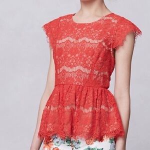 MAEVE by Anthropologie Katherine, red lace, Peplum hem blouse